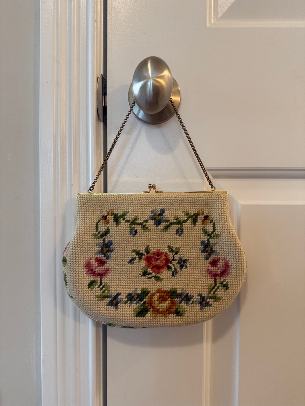 Needlepoint cross stitch tapestry floral embroidered vintage purse